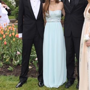 Strapless light blue prom dress